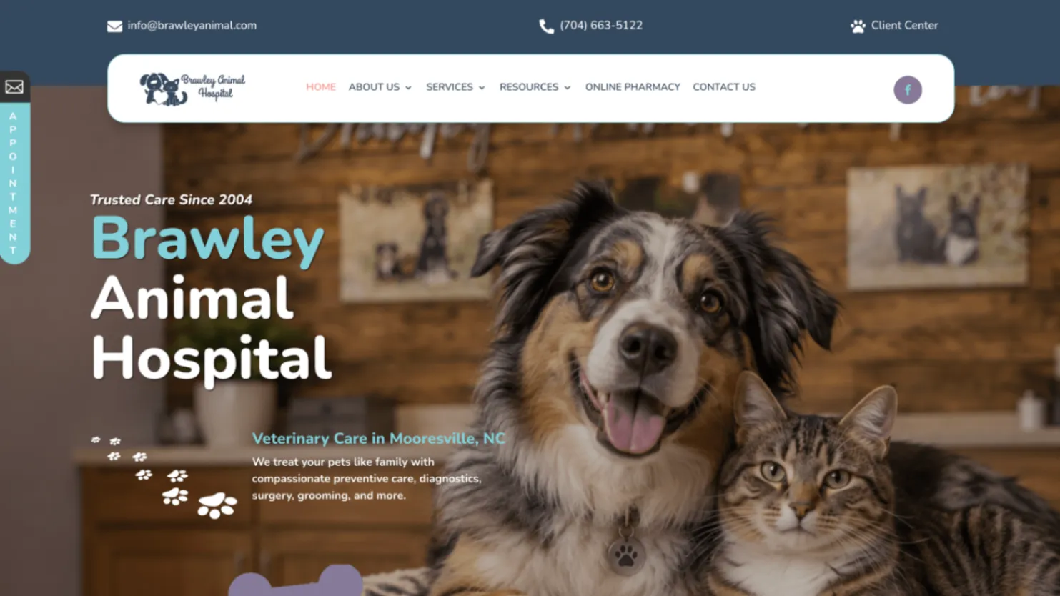 Screenshot of the Brawley Animal Hospital website with its logo, heading and a dog and cat.